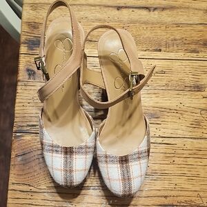Jessica Simpson Tan and White Plaid Wedges